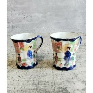 2 Vintage Japanese Demitasse Tea Cups Hand Painted Geisha Kutani